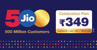 Jio ₹349 anniversary plan poster with free JioHotstar and Zomato Gold.